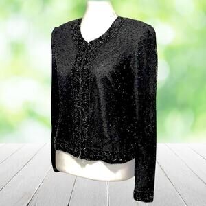 Vintage 90s JUST FABULOUS Hand Beaded Silk Jacket Black Sequin Evening Womens S